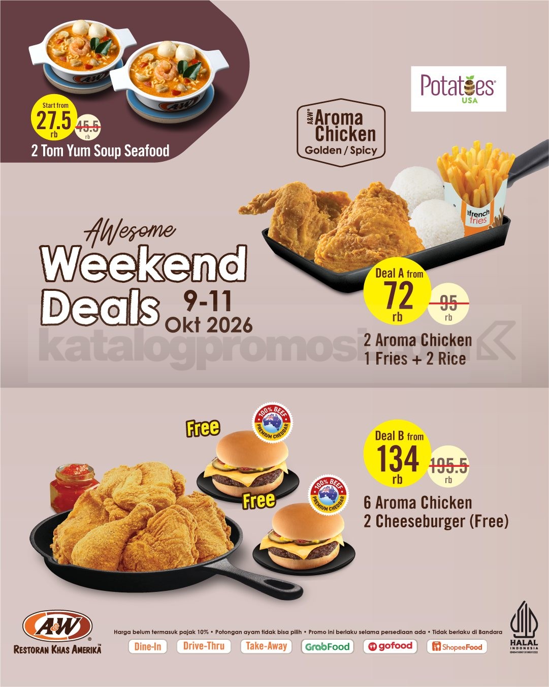 Promo A&W Weekend Deals Paket Mulai Rp27.500 Promo A&W Weekend Deals Paket Mulai Rp27.500 dengan pilihan Aroma Chicken, Cheeseburger, dan Tom Yum Soup Seafood.