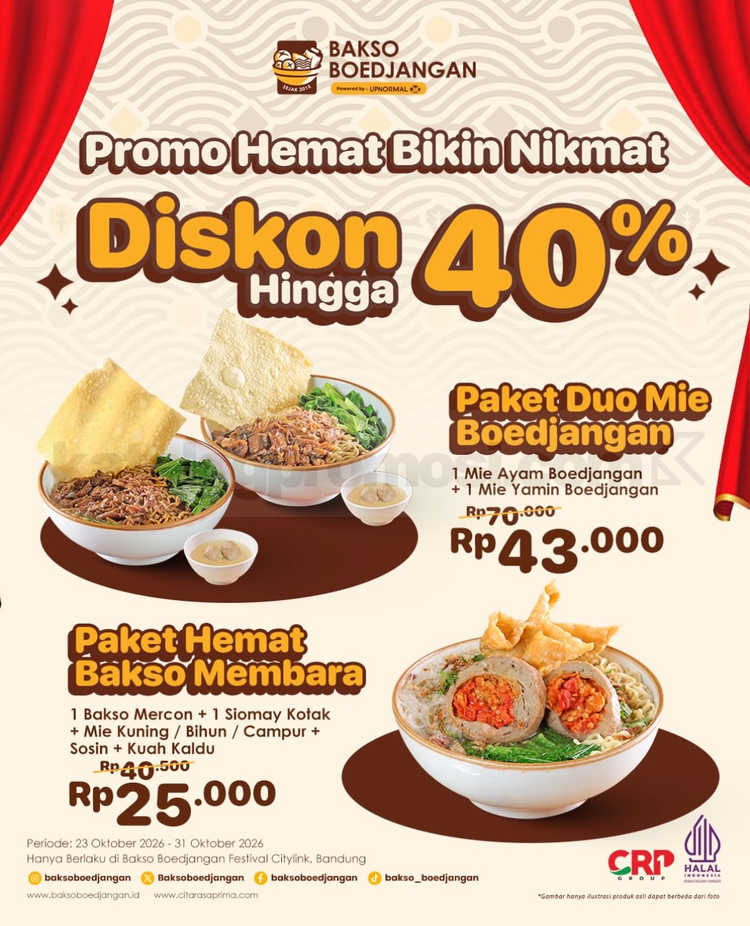 Promo Bakso Boedjangan Hemat hingga 40% Promo Bakso Boedjangan Hemat hingga 40% dengan Paket Duo Mie Rp43.000 dan Bakso Membara Rp25.000 di Festival Citylink Bandung.