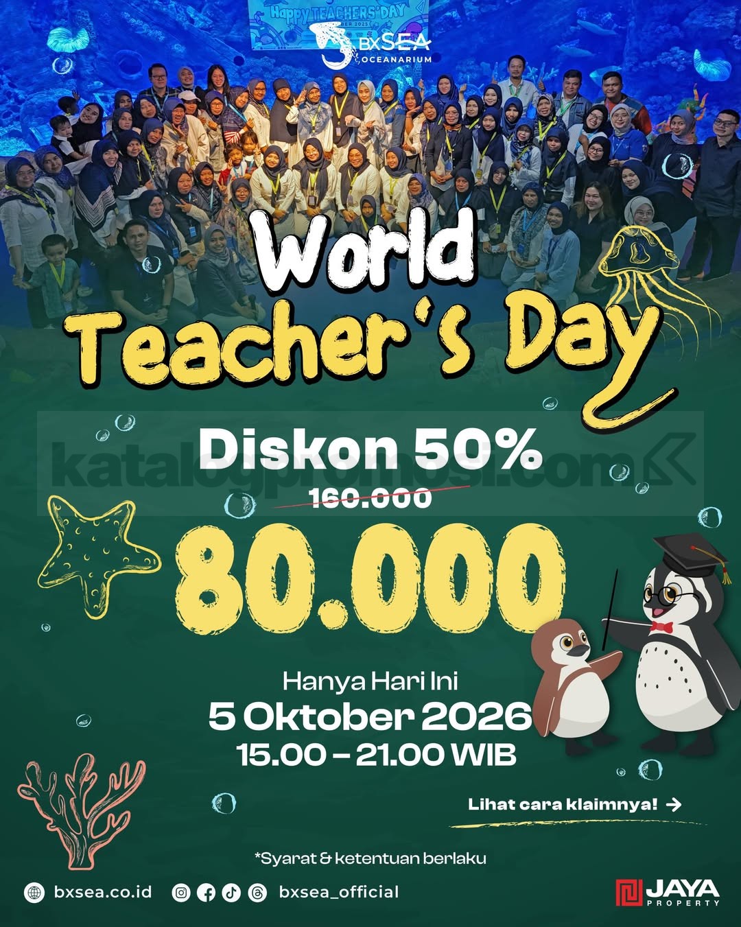 Promo BXSea World Teacher’s Day Tiket Masuk Diskon 50% Promo BXSea World Teacher’s Day tiket masuk diskon 50% harga Rp80.000 pada 5 Oktober 2026.