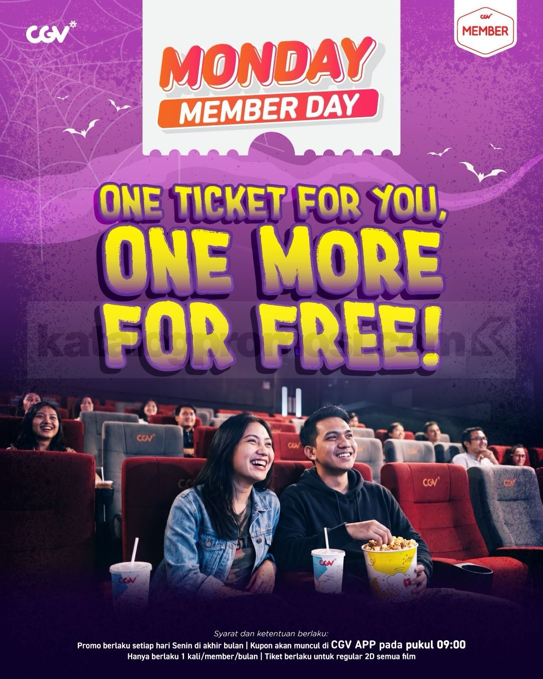 Promo CGV Monday Member Day Buy 1 Get 1 Free Tiket Bioskop Promo CGV Monday Member Day Buy 1 Get 1 Free tiket bioskop Regular 2D setiap Senin terakhir bulan.