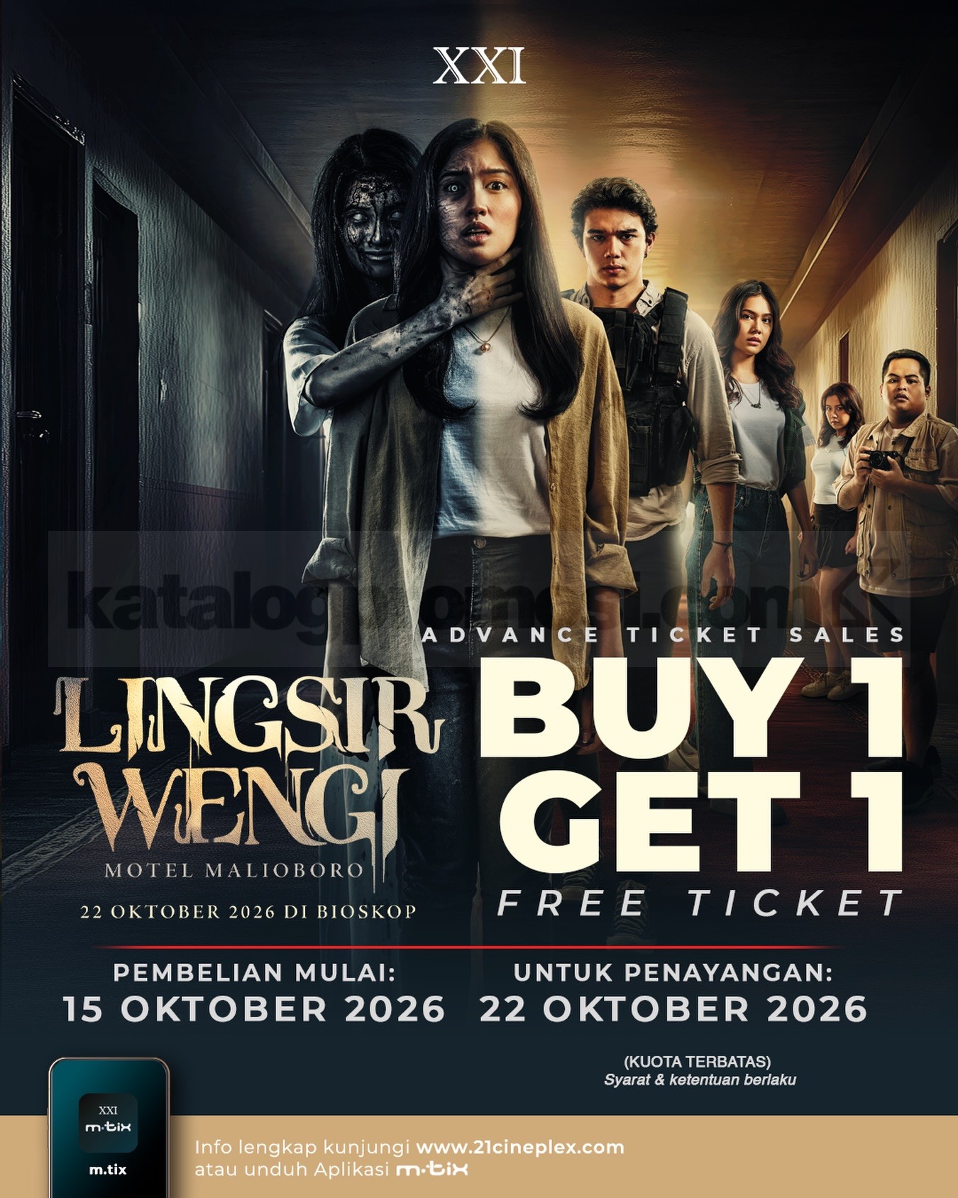 Promo Cinema XXI Beli 1 Gratis 1 Tiket Lingsir Wengi Promo Cinema XXI Beli 1 Gratis 1 Tiket Lingsir Wengi untuk penayangan 22 Oktober 2026.