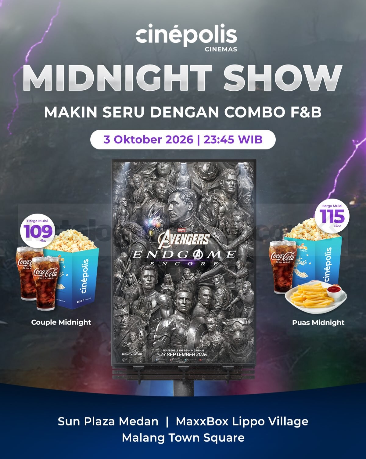 Promo Cinépolis Midnight Show Combo F&B mulai Rp109.000 Promo Cinépolis Midnight Show Combo F&B mulai Rp109.000 untuk Avengers Endgame: Encore