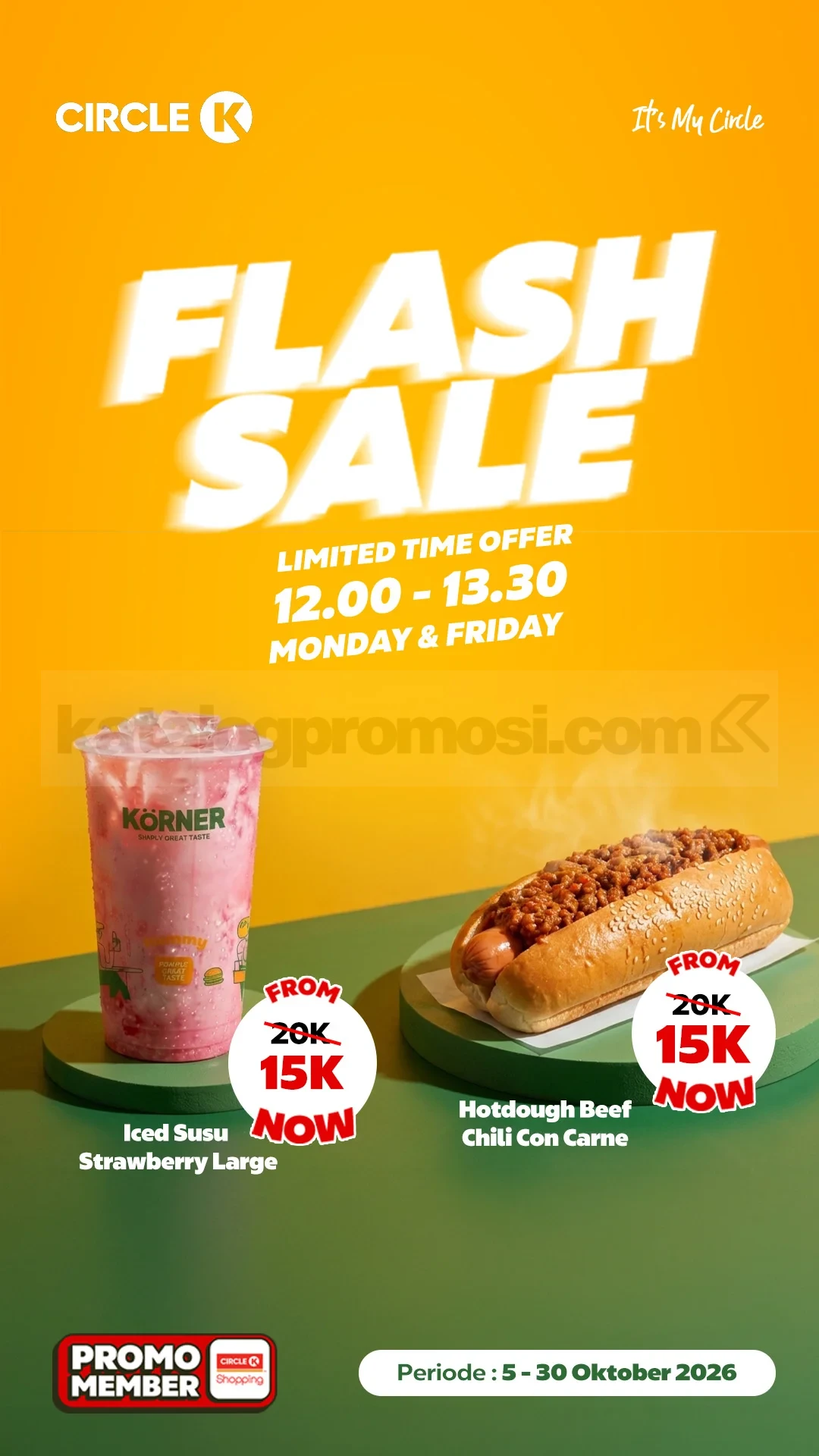 Promo Circle K Flash Sale Menu Favorit Rp15.000 Promo Circle K Flash Sale Menu Favorit Rp15.000 untuk Iced Susu Strawberry Large dan Hotdough Beef Chili Con Carne