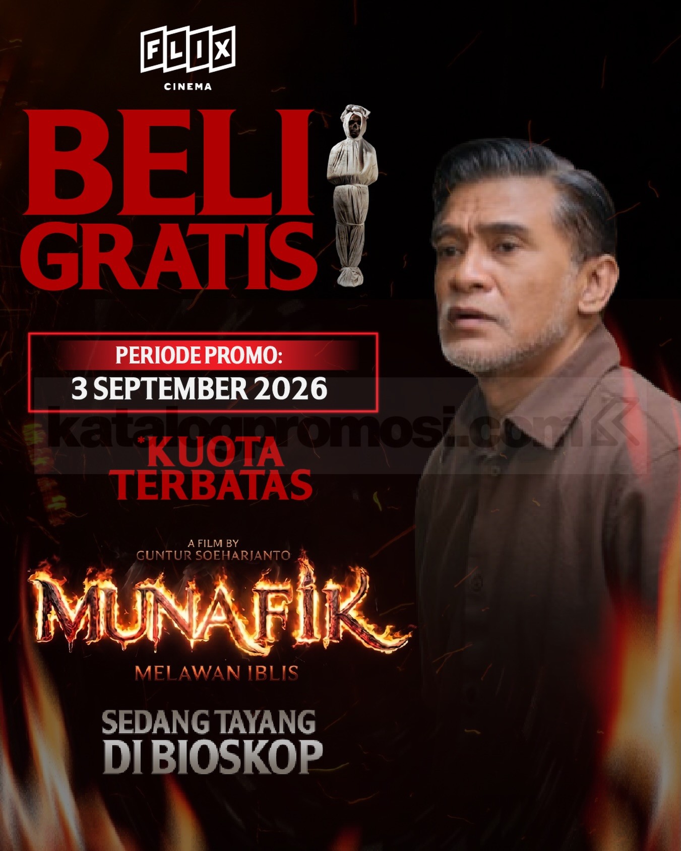 Promo FLIX Cinema Beli 1 Gratis 1 Tiket Munafik Promo FLIX Cinema Beli 1 Gratis 1 Tiket Munafik untuk nonton berdua pada 3 September 2026