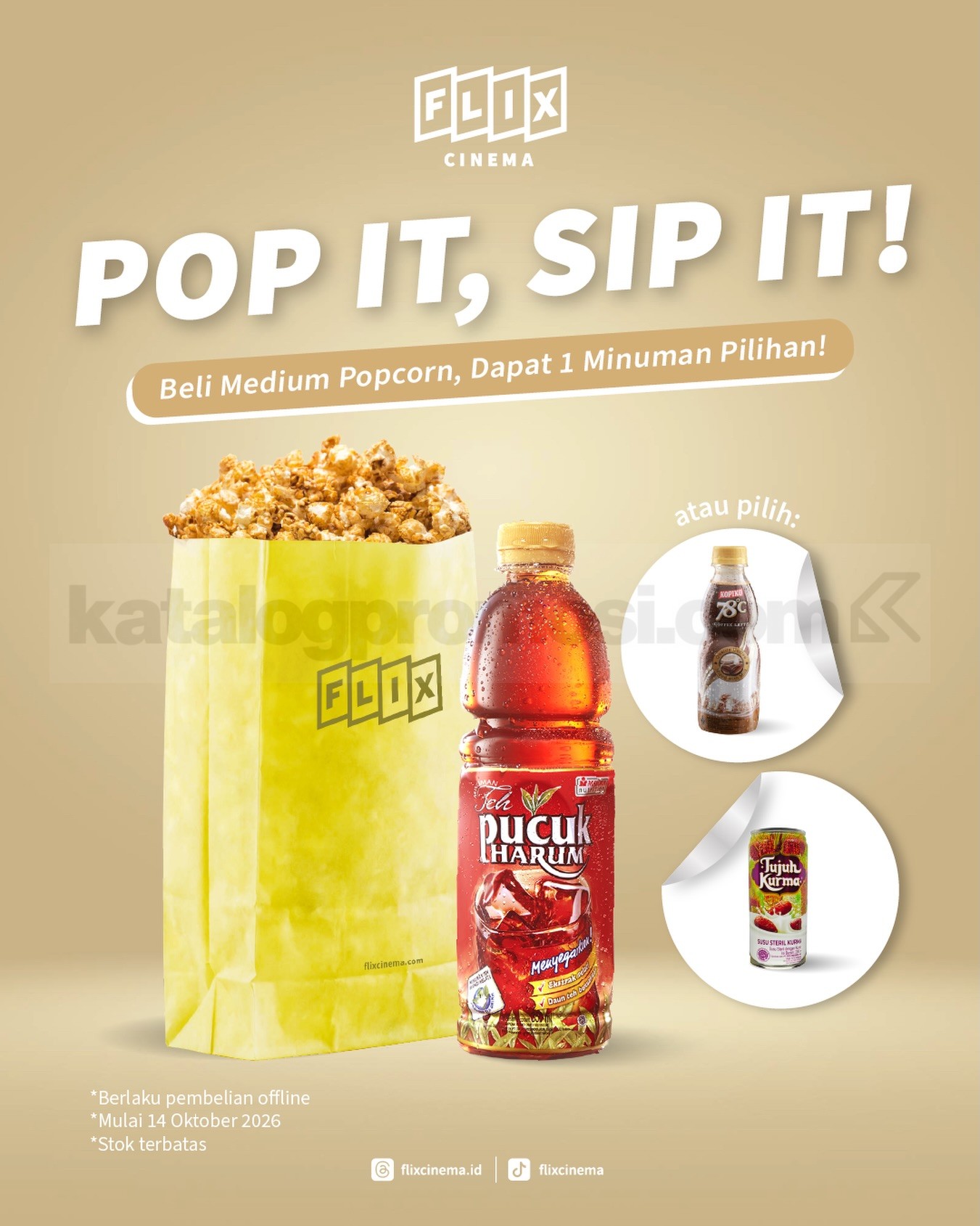 Promo FLIX Cinema Beli 1 Medium Popcorn Gratis Minuman Promo FLIX Cinema Beli 1 Medium Popcorn Gratis Minuman mulai 14 Oktober 2026 dengan tiga pilihan minuman.