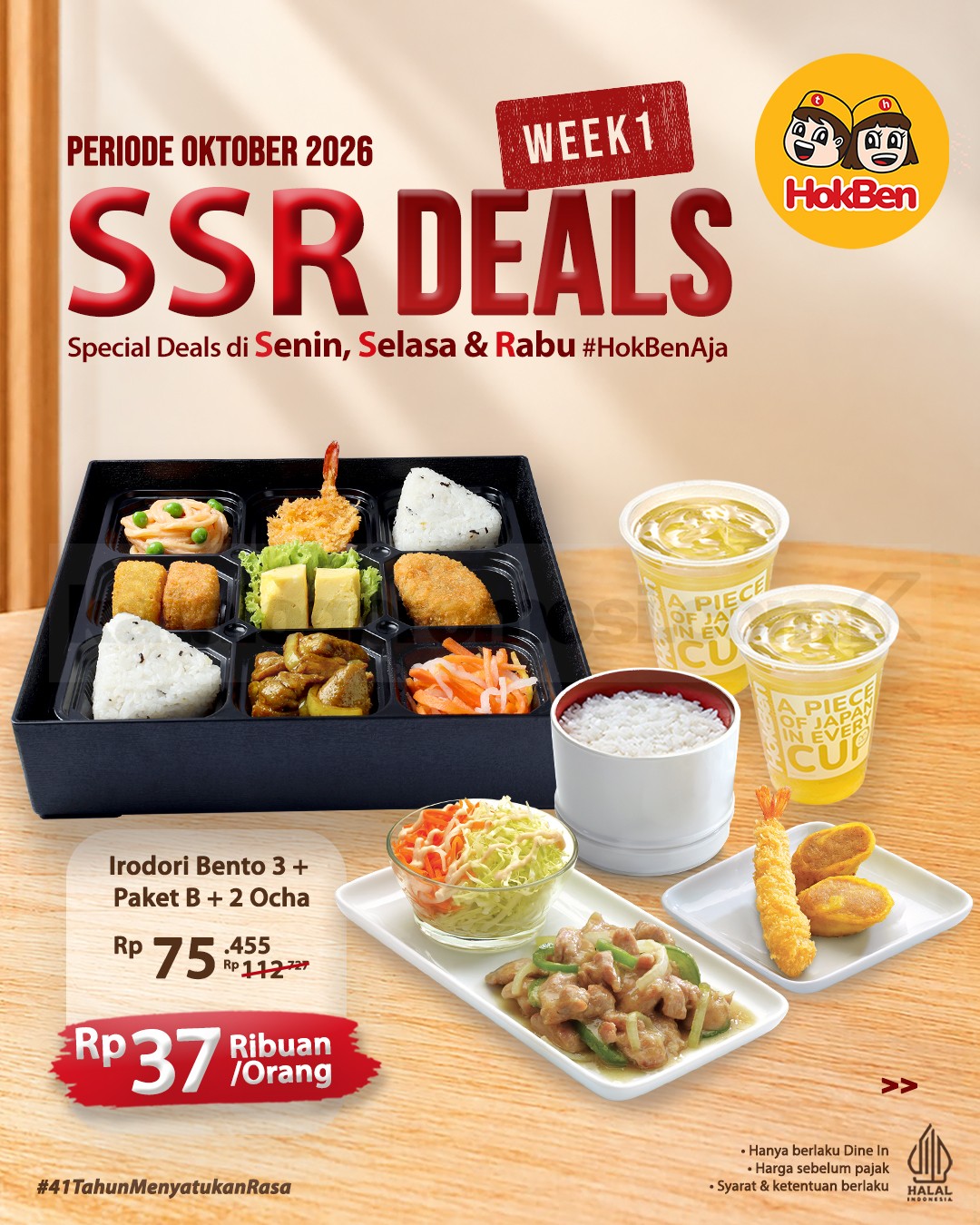 Promo HokBen SSR Deals Mulai Rp37 Ribuan Promo HokBen SSR Deals mulai Rp37 ribuan per orang dengan pilihan paket Irodori Bento dan 2 Ocha.