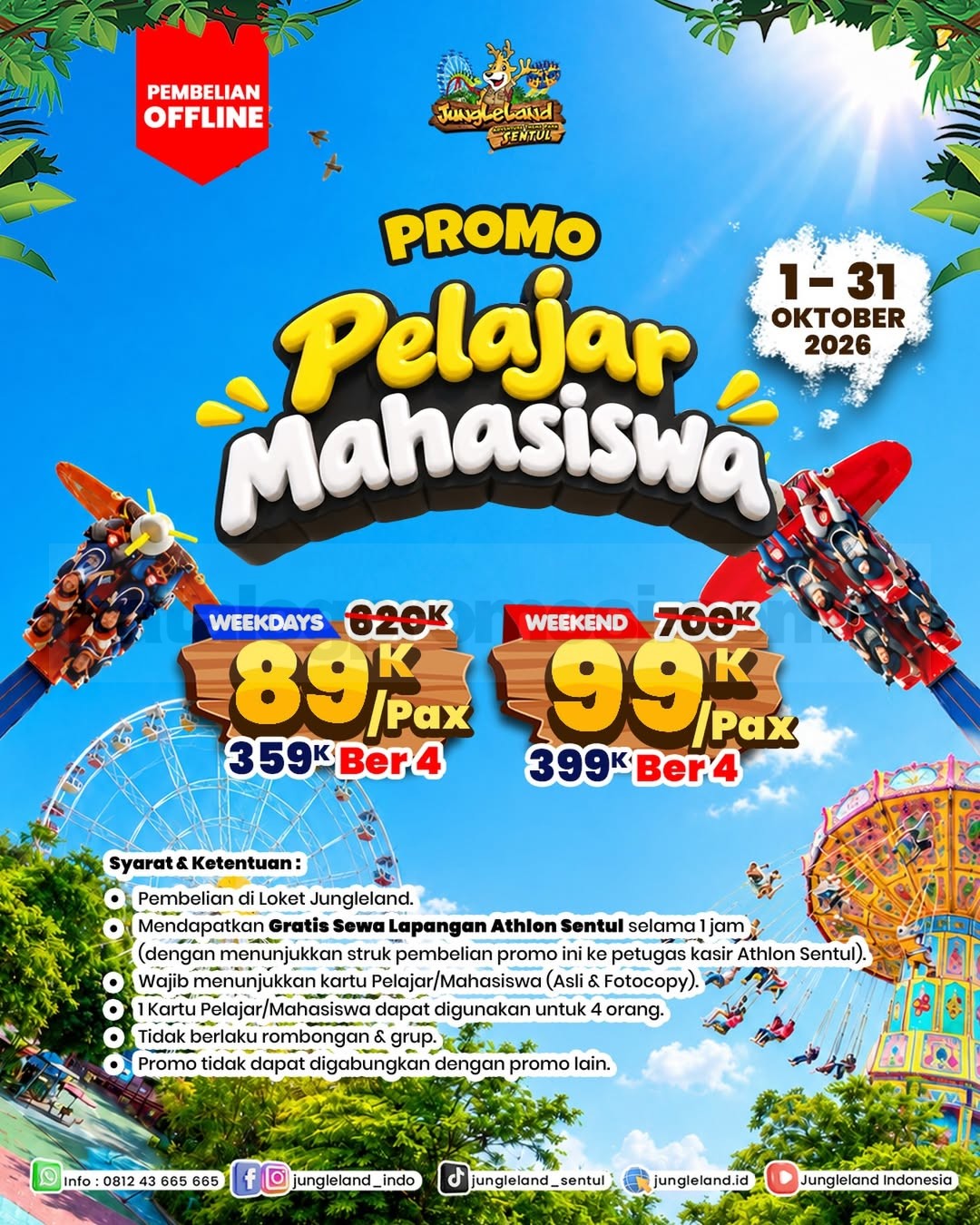 Promo Jungleland Pelajar & Mahasiswa Tiket Mulai Rp89.000 Promo Jungleland Pelajar & Mahasiswa Tiket Mulai Rp89.000 untuk paket ber-4 weekdays dan weekend