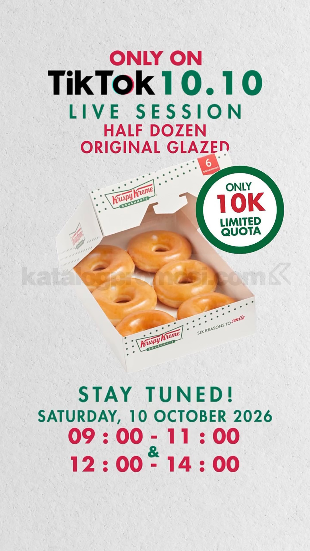 Promo Krispy Kreme 10.10 TikTok Live 6 Donat Cuma Rp10.000 Promo Krispy Kreme 10.10 TikTok Live 6 donat Original Glazed cuma Rp10.000 pada 10 Oktober 2026 dengan dua sesi live.