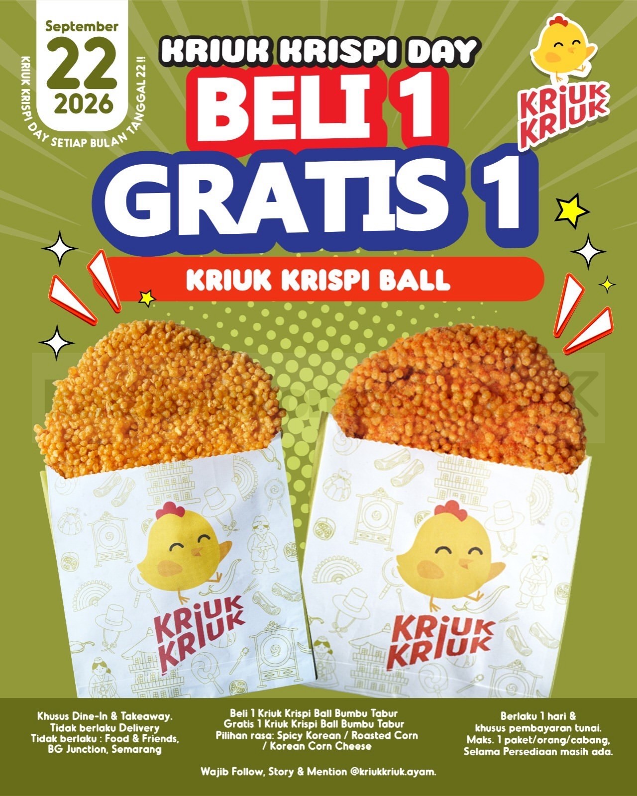 Promo Kriuk Kriuk Krispi Day Beli 1 Gratis 1 Promo Kriuk Kriuk Krispi Day Beli 1 Gratis 1 pada 22 September 2026 dengan rasa baru