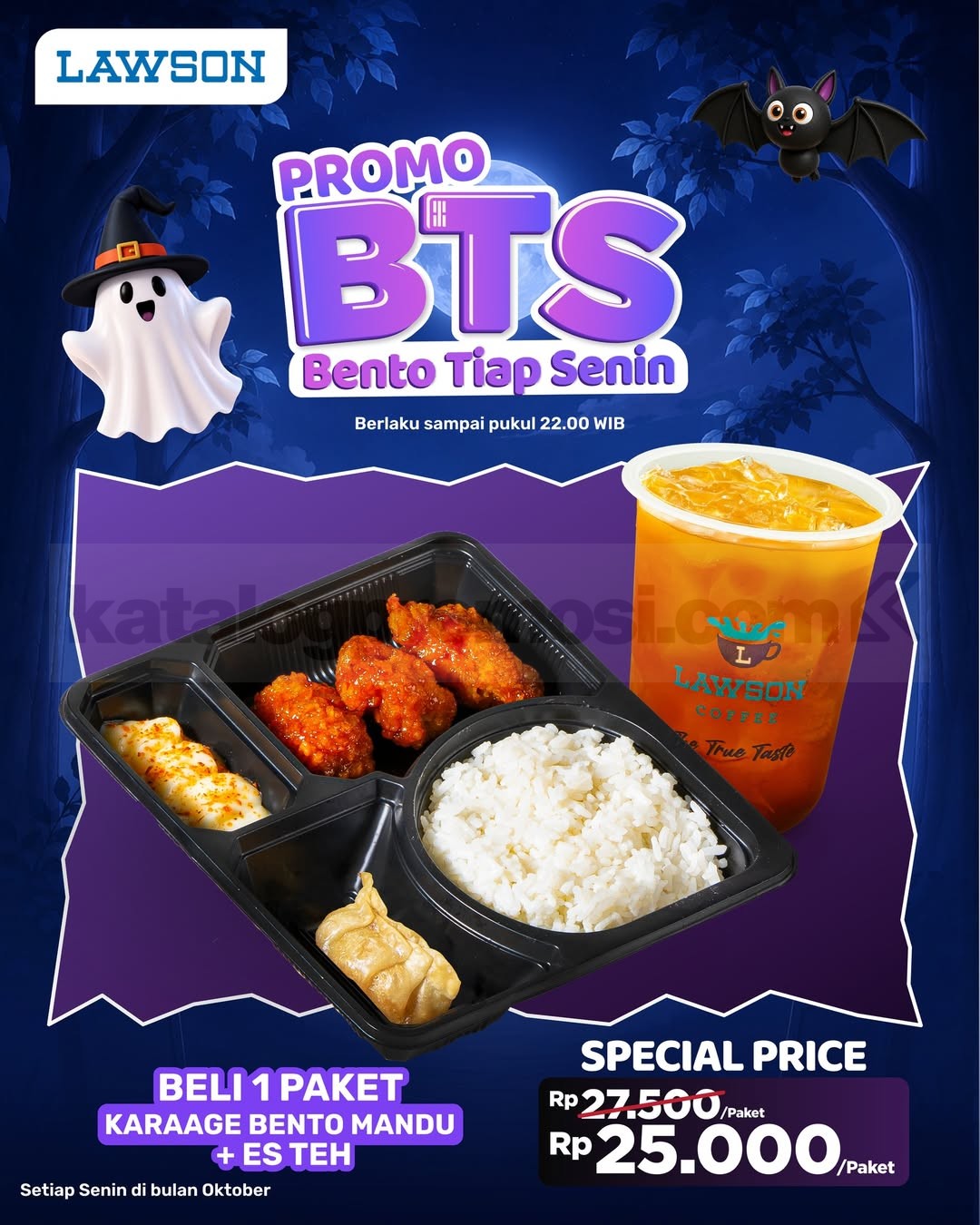 Promo Lawson BTS Bento Tiap Senin Rp25.000 Promo Lawson BTS Bento Tiap Senin Rp25.000 dengan Karaage Bento Mandu dan Es Teh selama Oktober 2026
