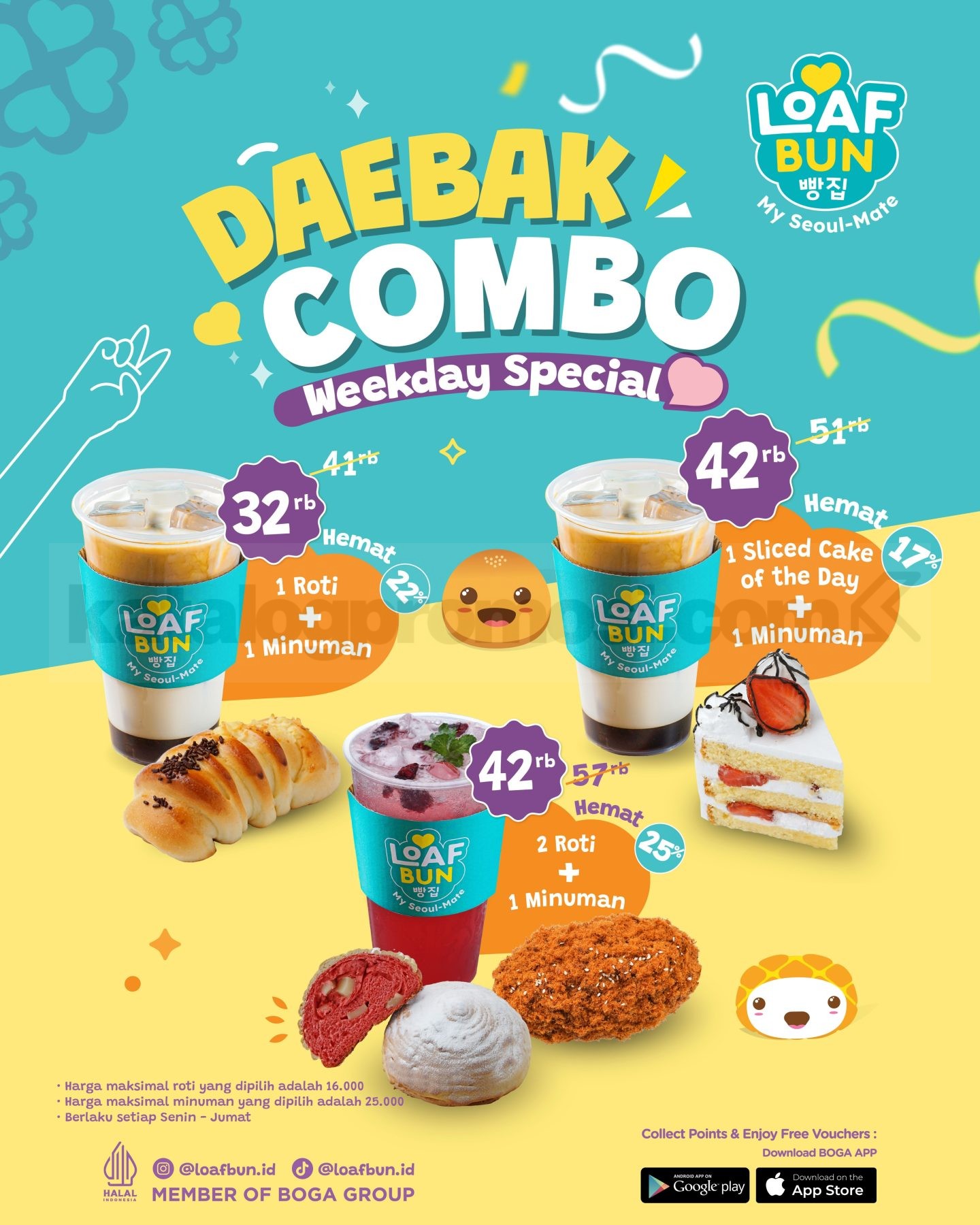 Promo Loaf Bun Daebak Combo mulai Rp32.000 Promo Loaf Bun Daebak Combo mulai Rp32.000 untuk pilihan roti, minuman, dan sliced cake