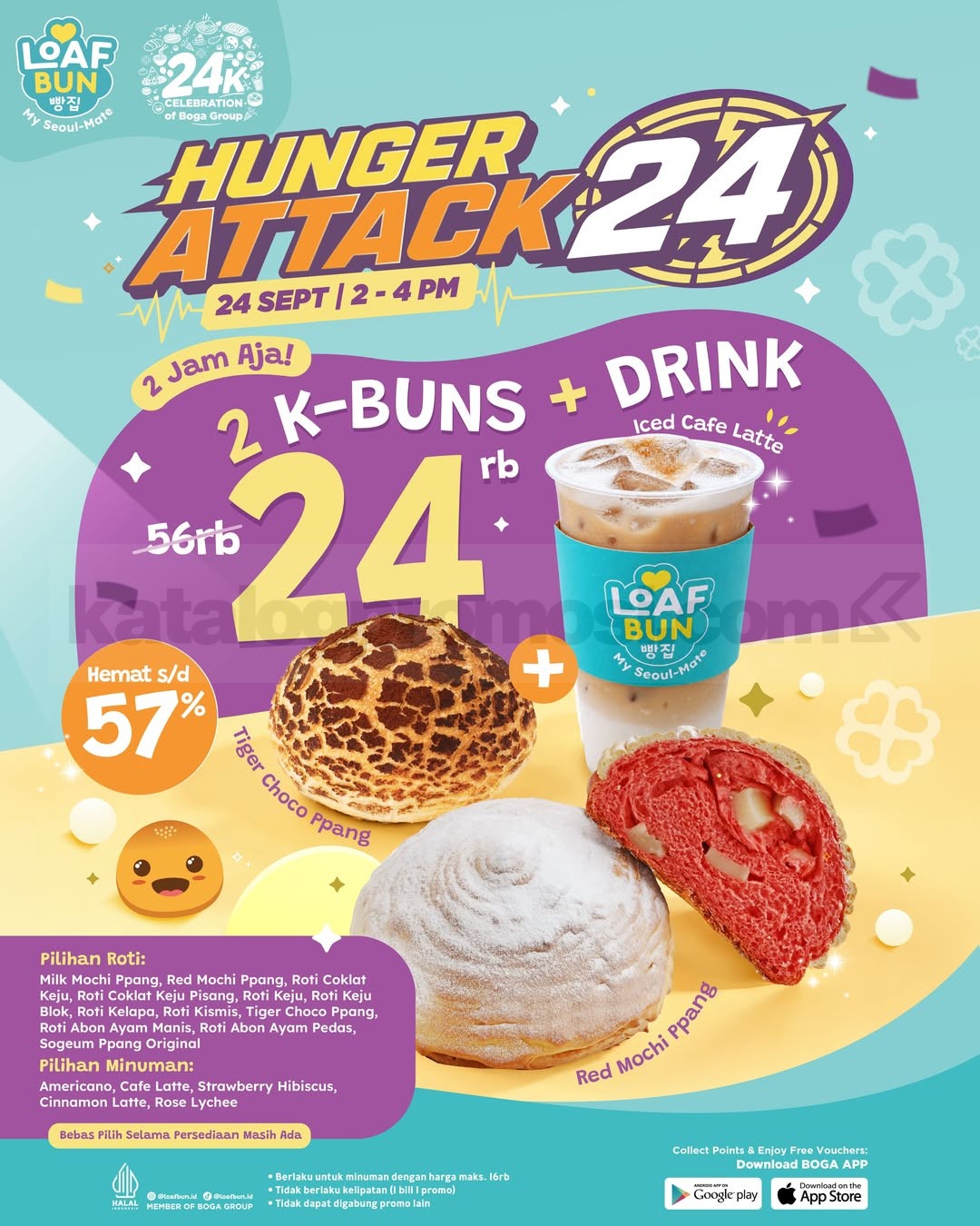 Promo Loaf Bun Hunger Attack 2 K-Buns + Drink Rp24.000 Promo Loaf Bun Hunger Attack 2 K-Buns + Drink Rp24.000 hemat sampai 57% pada 24 September 2026