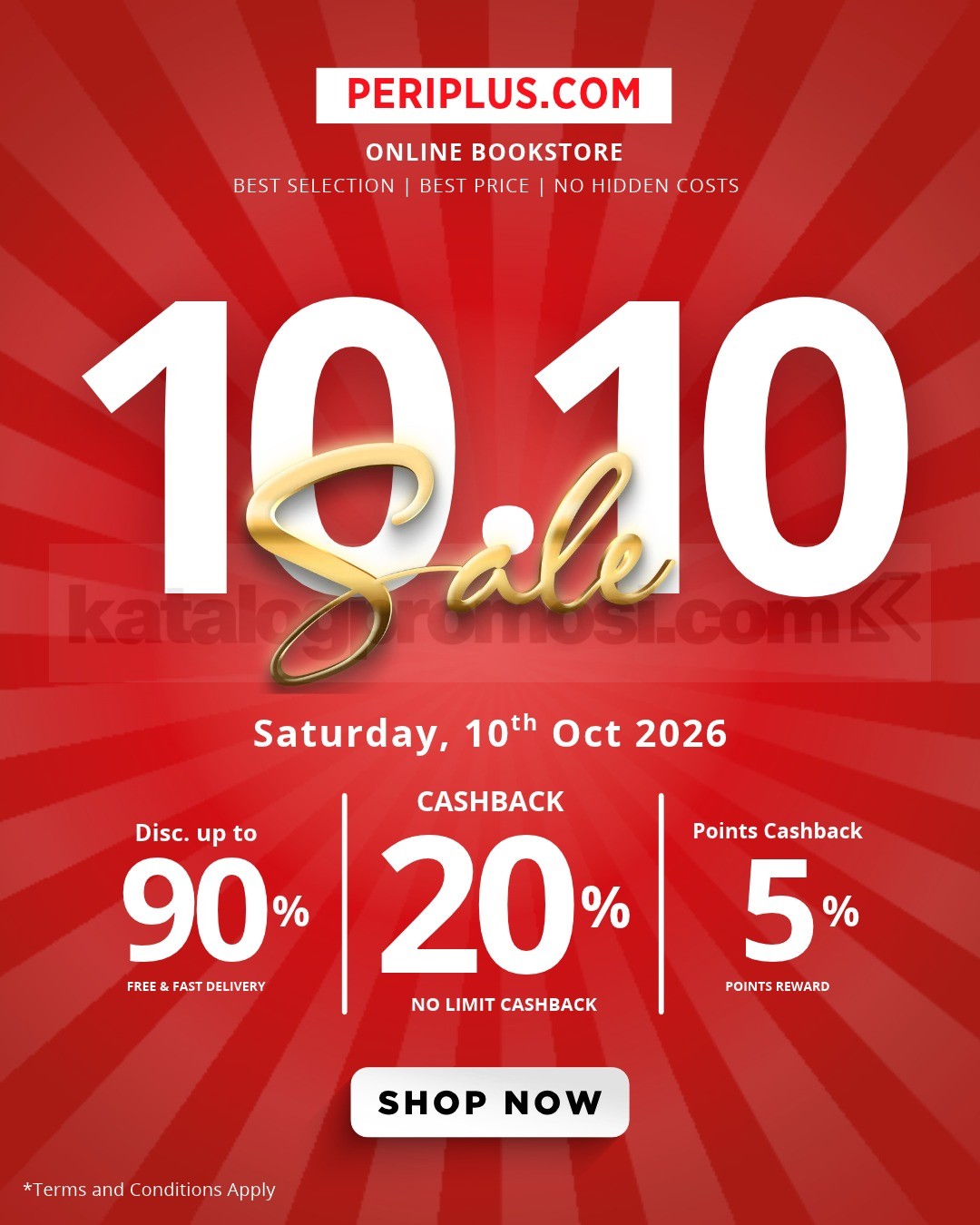 Promo Periplus 10.10 Sale Cashback 20% Tanpa Batas Promo Periplus 10.10 Sale Cashback 20% Tanpa Batas untuk produk berlogo khusus pada 10 Oktober 2026.