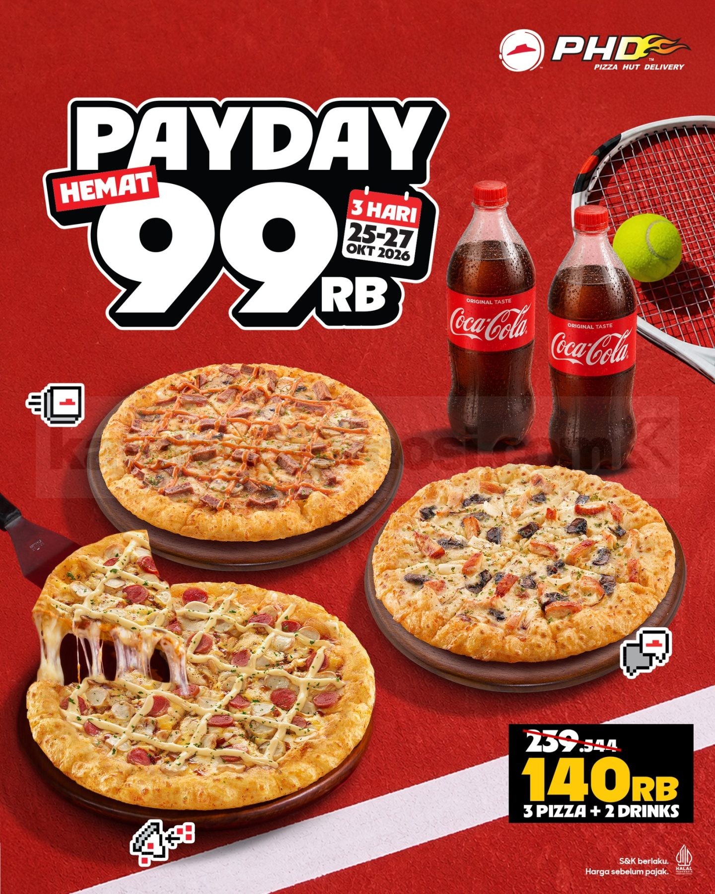 Promo PHD Payday 3 Pizza dan Coca-Cola 2 Liter Cuma Rp140 Ribuan Promo PHD Payday 3 Regular Pizza dan Coca-Cola 2 liter cuma Rp140 ribuan di seluruh outlet Pizza Hut Delivery.