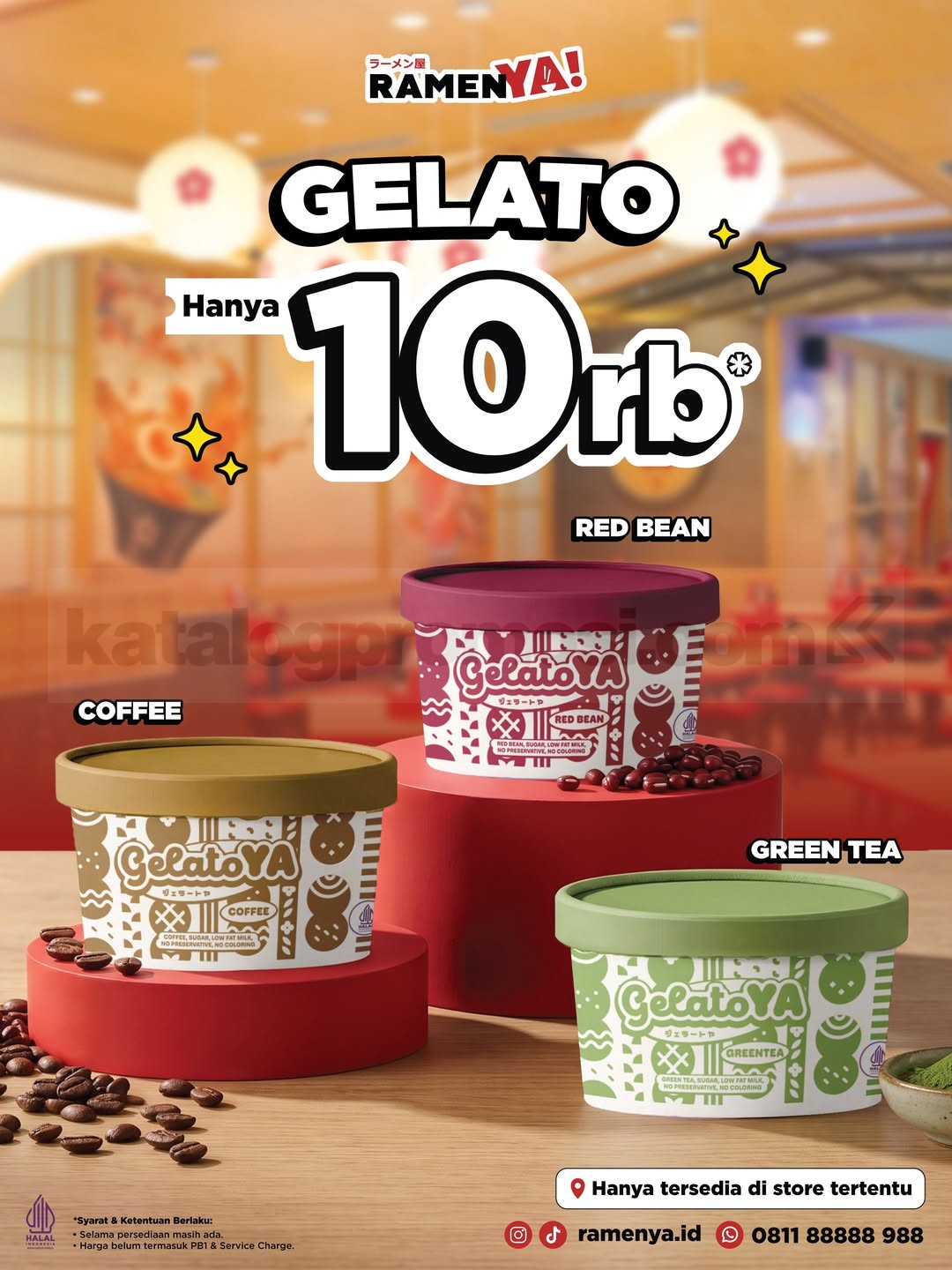 Promo RamenYa Gelato Favorit Rp10.000 Promo RamenYa Gelato Favorit Rp10.000 untuk rasa Coffee, Red Bean, dan Green Tea di lima store pilihan.