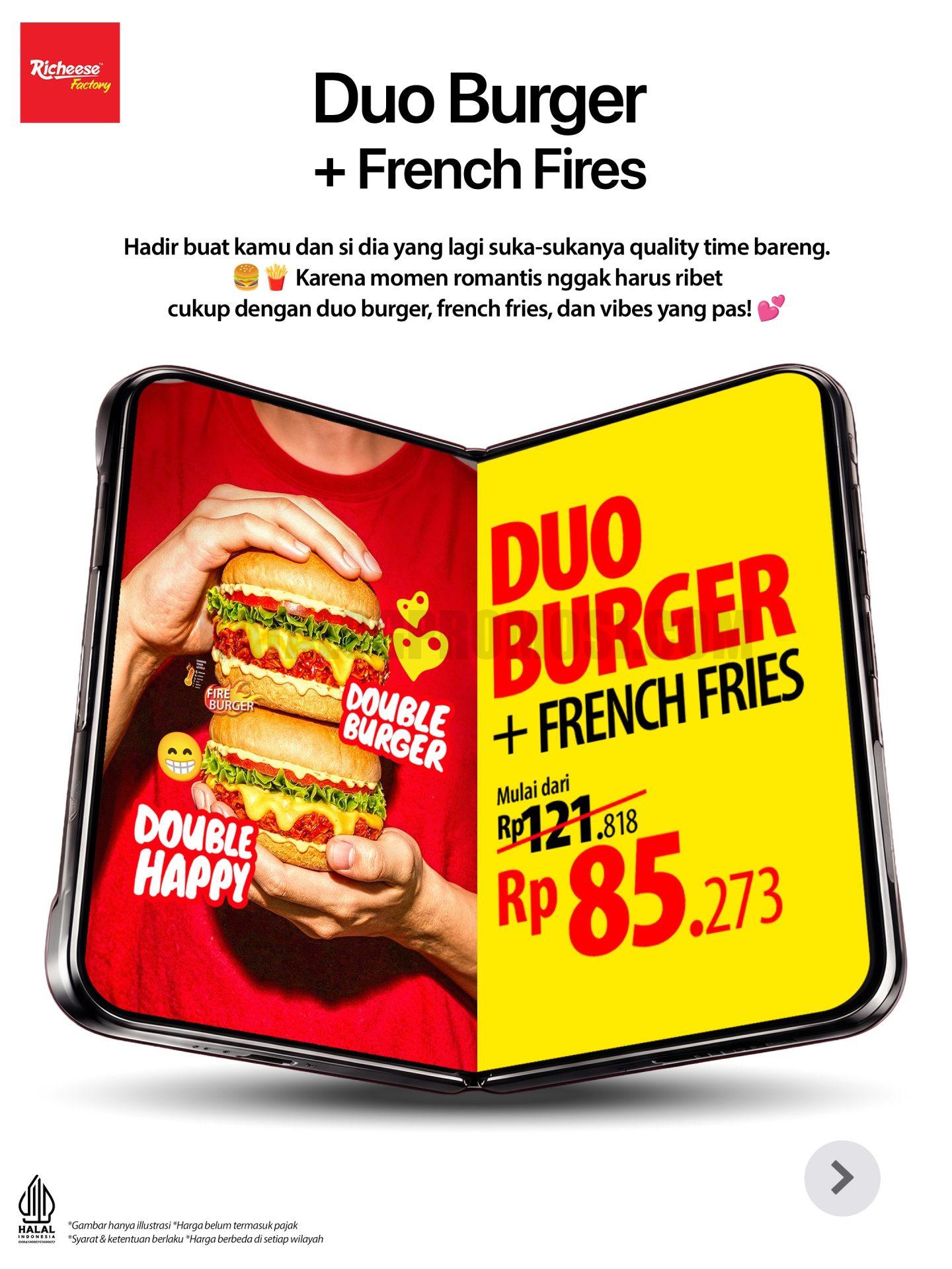 Promo Richeese Factory Duo Burger Mulai Rp65.000 Promo Richeese Factory Duo Burger mulai Rp65.000 untuk 2 burger dan 1 French Fries