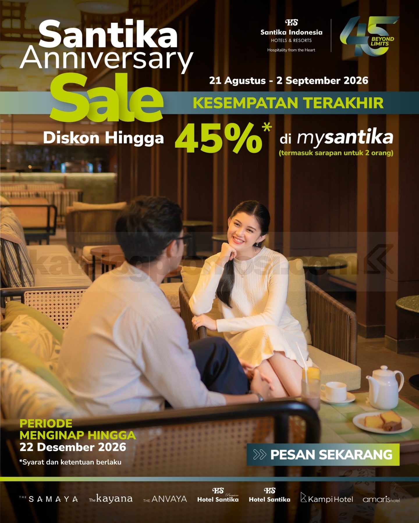 Promo Santika Anniversary Sale 2026 Diskon hingga 45% Promo Santika Anniversary Sale 2026 diskon menginap hingga 45% termasuk sarapan untuk 2 orang.