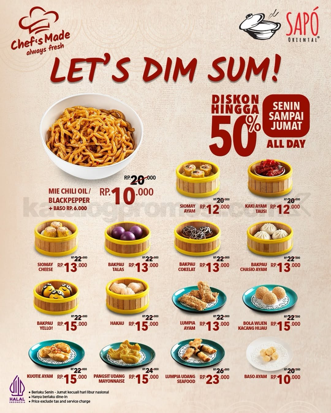 Promo Sapo Oriental Dimsum Diskon hingga 50% Promo Sapo Oriental Dimsum diskon hingga 50% dengan pilihan menu mulai Rp6.000 setiap Senin–Jumat.