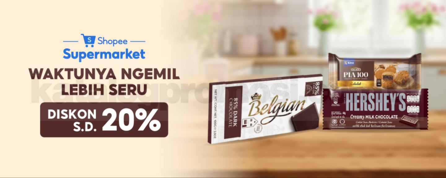 Promo Shopee Supermarket Diskon Camilan hingga 20% Promo Shopee Supermarket diskon camilan hingga 20% untuk cokelat, chips, biskuit, dan wafer.