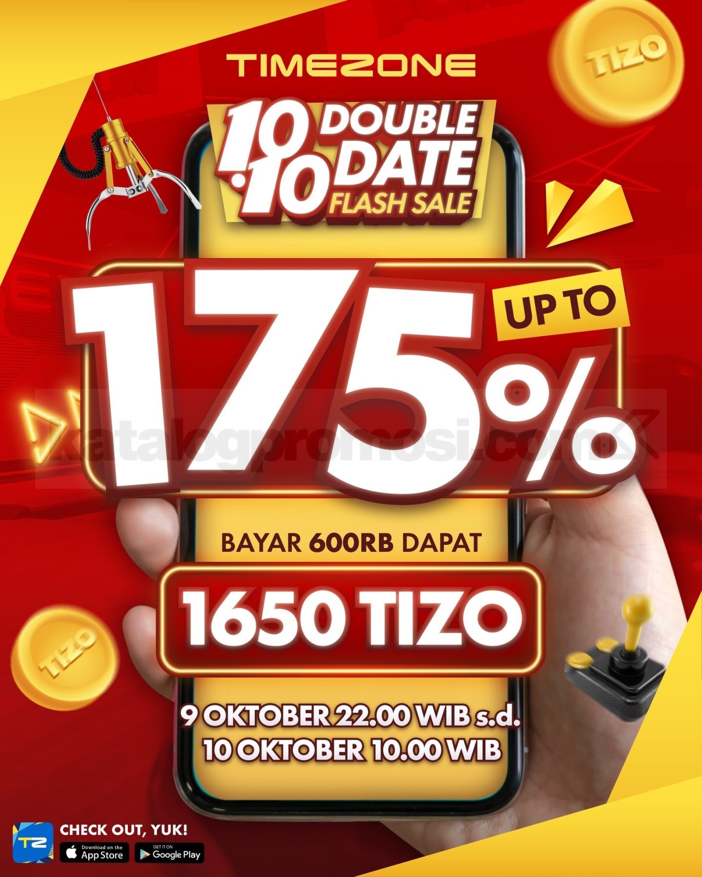 Promo Timezone 10.10 Flash Sale Bonus Tizo hingga 175% Promo Timezone 10.10 Flash Sale bonus Tizo hingga 175% melalui Fun App pada 9–10 Oktober 2026 selama 12 jam.