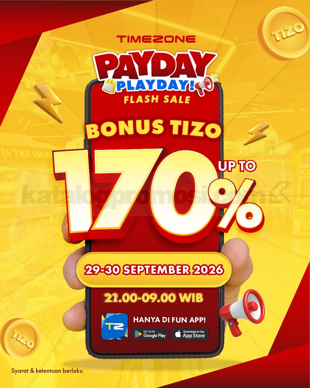Promo Timezone Payday Playday Bonus Tizo hingga 170% Promo Timezone Payday Playday bonus Tizo hingga 170% melalui Fun App pada 29โ30 September 2026.