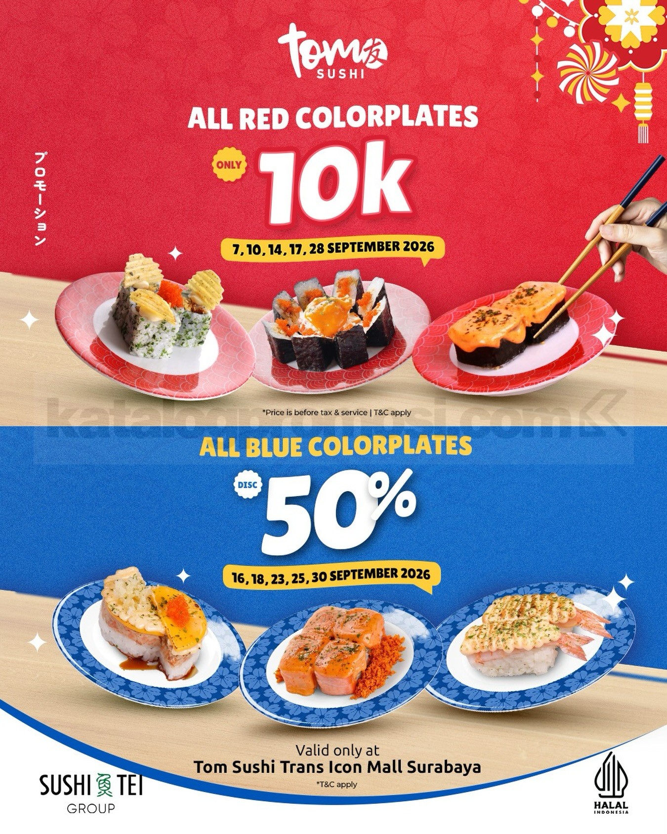 Promo Tom Sushi Red & Blue Colorplate Mulai Rp10.000 Promo Tom Sushi Red & Blue Colorplate Mulai Rp10.000 di Trans Icon Mall Surabaya September 2026