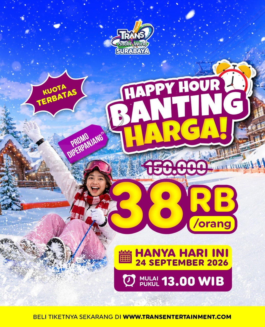 Promo Trans Snow World Surabaya Happy Hour Rp38.000 Promo Trans Snow World Surabaya Happy Hour Rp38.000 per orang dengan tiket, boots dan kereta gantung