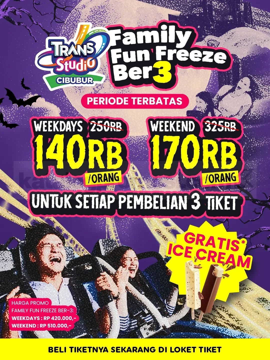 Promo Trans Studio Cibubur Family Fun Freeze Ber-3 mulai Rp140.000 Promo Trans Studio Cibubur Family Fun Freeze Ber-3 mulai Rp140.000 per orang dengan bonus es krim gratis