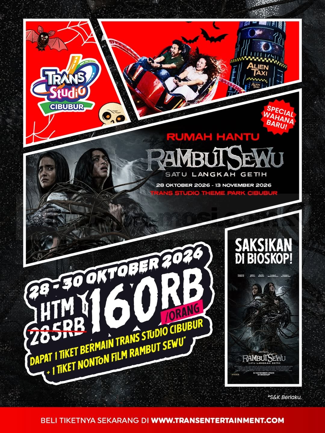 Promo Trans Studio Cibubur Halloween Double Tiket Rp160.000 Promo Trans Studio Cibubur Halloween Double Tiket Rp160.000 untuk bermain sepuasnya dan nonton film Rambut Sewu.