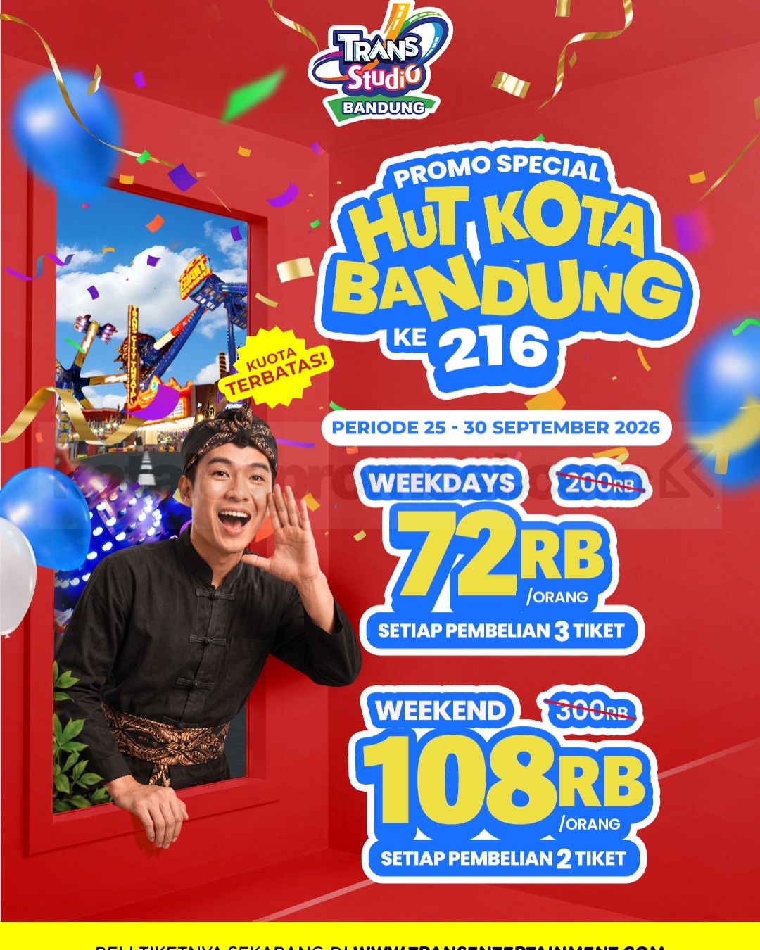 Promo Trans Studio HUT Kota Bandung ke-216 mulai Rp72.000 Promo Trans Studio HUT Kota Bandung ke-216 mulai Rp72.000 untuk tiket weekday dan weekend