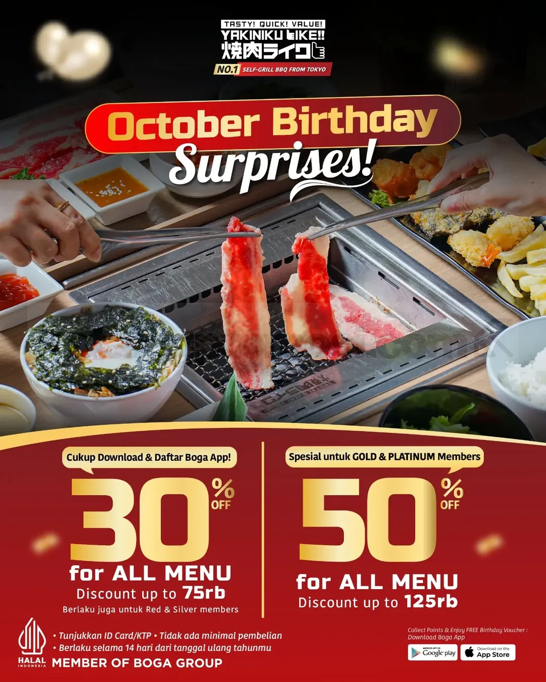 Promo Yakiniku Like October Birthday Surprise Diskon Hingga 50% Promo Yakiniku Like October Birthday Surprise diskon hingga 50% untuk member Boga App
