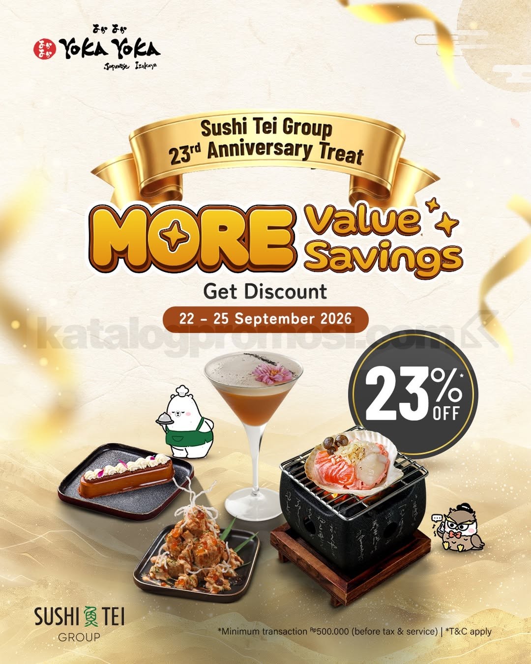 Promo Yoka Yoka Sushi Tei Group Anniversary Diskon 23% Promo Yoka Yoka Sushi Tei Group Anniversary Diskon 23% untuk dine-in 22–25 September 2026