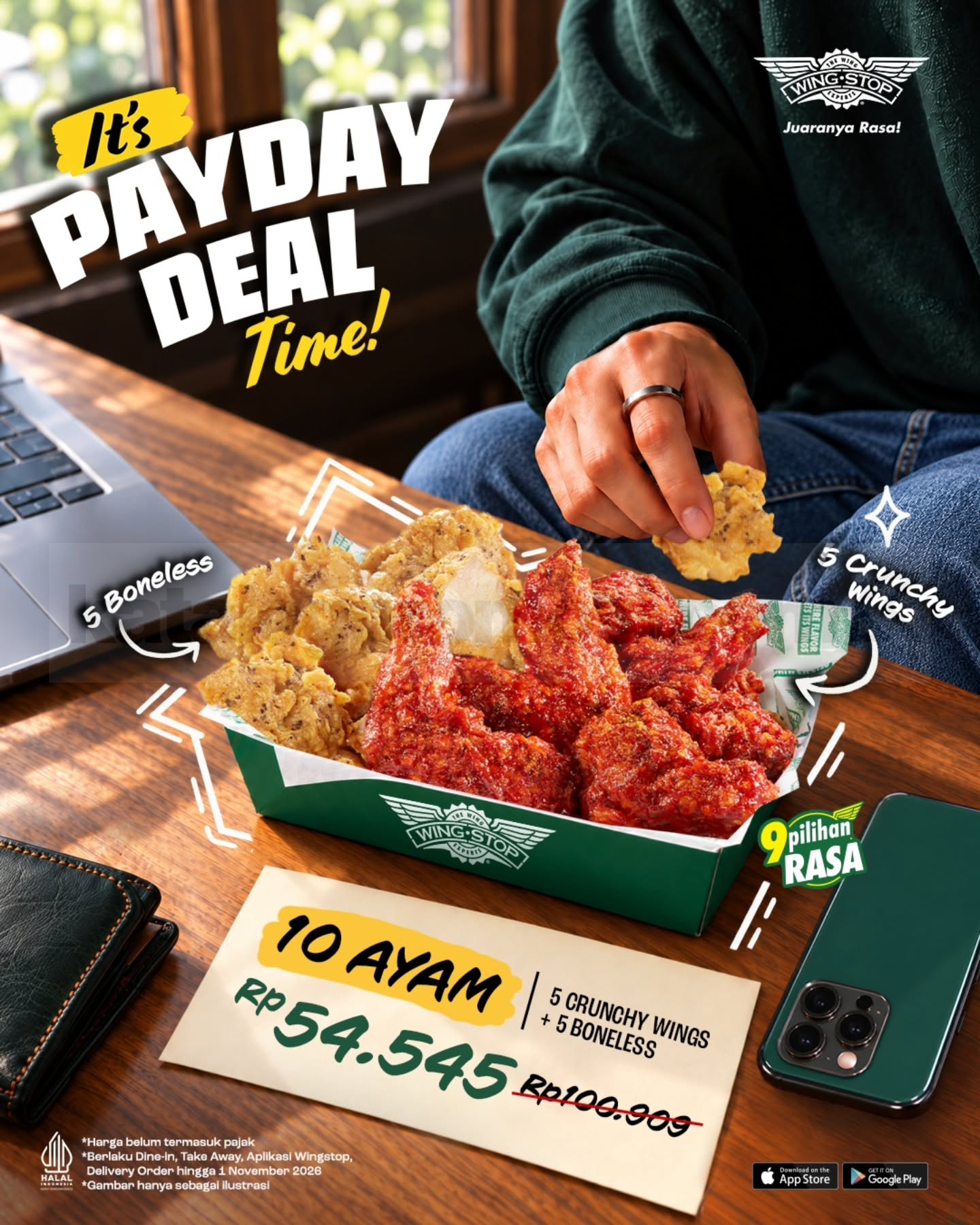 Promo Wingstop Payday Deal 10 Ayam Cuma Rp54.545 Promo Wingstop Payday Deal 10 Ayam Cuma Rp54.545 dengan 5 Crunchy Wings dan 5 Boneless