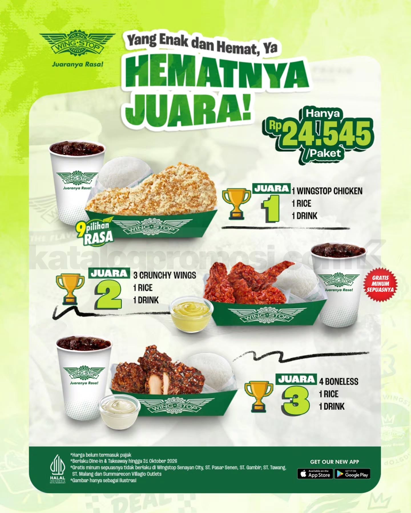 Promo Wingstop Hematnya Juara Mulai Rp24.545 Promo Wingstop Hematnya Juara Mulai Rp24.545 dengan tiga pilihan paket ayam, nasi, dan minum.