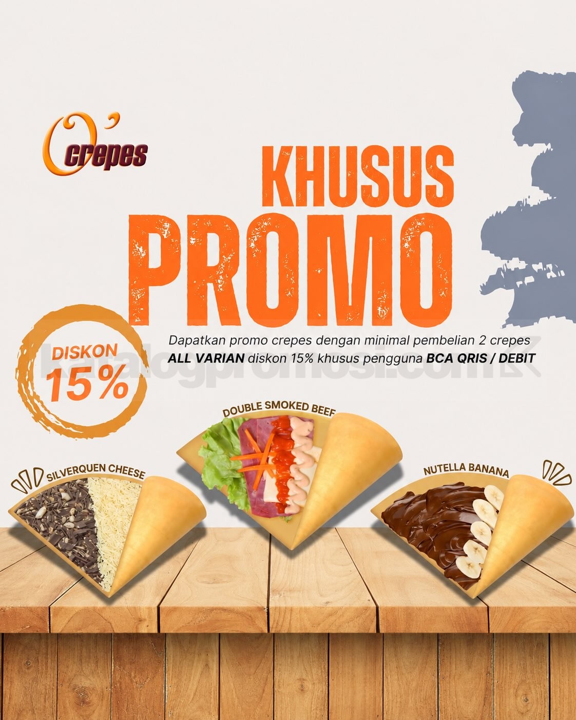 Promo O’Crepes Diskon 15% Bayar QRIS BCA atau Debit BCA Promo O’Crepes diskon 15% untuk semua varian crepes dengan pembayaran QRIS BCA atau Debit BCA.