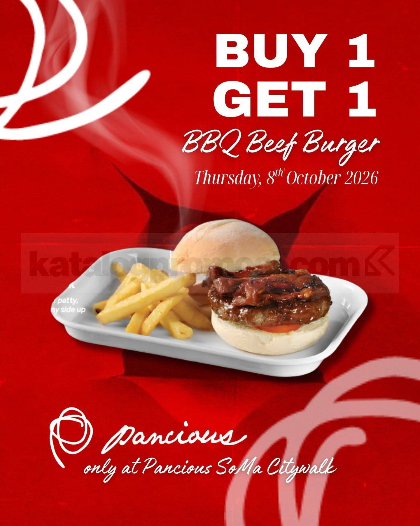 Promo Pancious Buy 1 Get 1 BBQ Beef Burger Promo Pancious Buy 1 Get 1 BBQ Beef Burger pada 8 Oktober 2026 di SoMa Citywalk