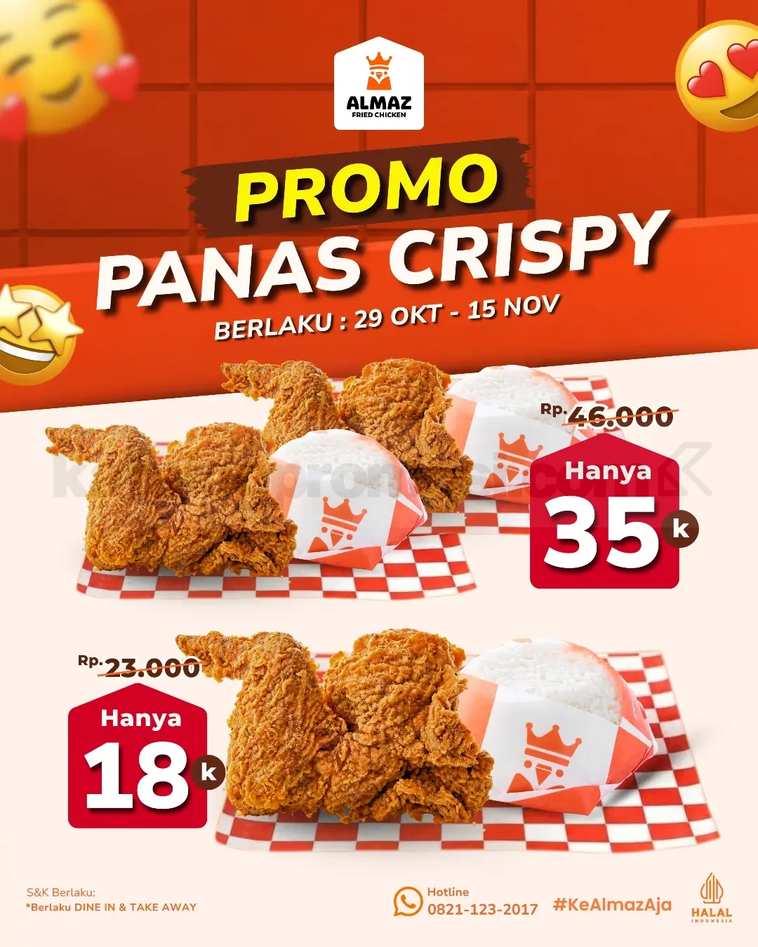 Promo Almaz Fried Chicken Paket Panas Crispy Mulai Rp18.000 Promo Almaz Fried Chicken Paket Panas Crispy dengan pilihan 1 Ayam 1 Nasi Rp18.000 dan 2 Ayam 2 Nasi Rp35.000.