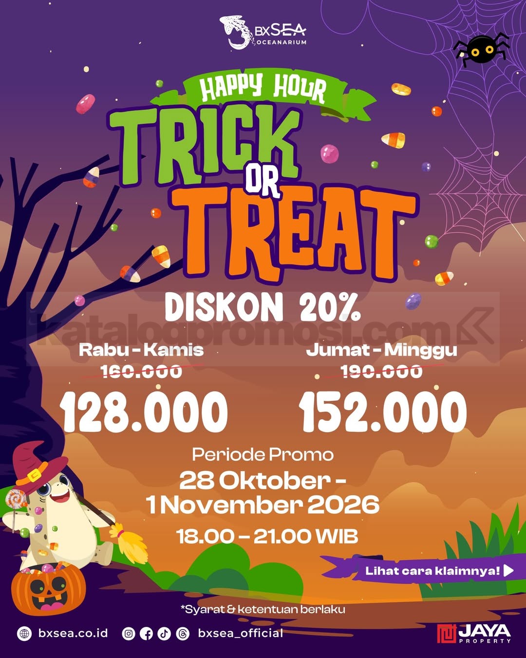 Promo BXSea Happy Hour Halloween Tiket Masuk Diskon 20% Promo BXSea Happy Hour Halloween tiket masuk diskon 20% pada 28 Oktober–1 November 2026.