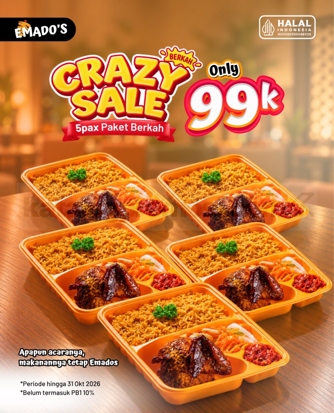 Promo Emados Crazy Sale 5 Paket Berkah Rp99.000 Promo Emados Crazy Sale 5 Paket Berkah Rp99.000 untuk 5 pax hingga 31 Oktober 2026.