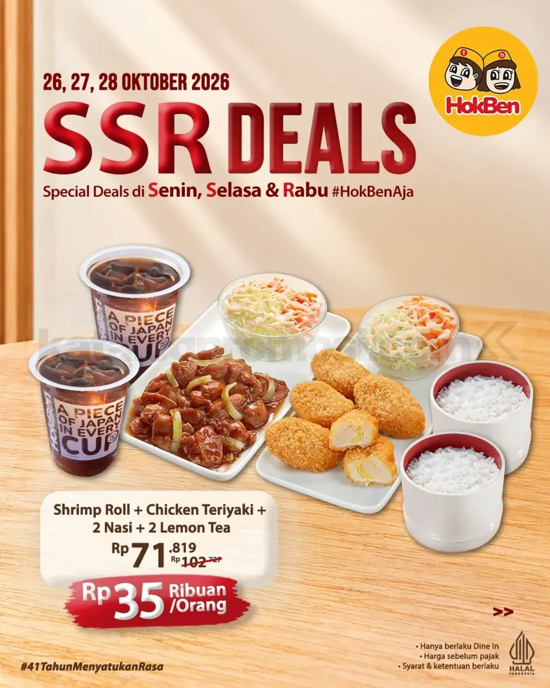 Promo HokBen SSR Deals Paket Favorit Mulai Rp35 Ribuan Promo HokBen SSR Deals 26–28 Oktober 2026 dengan pilihan paket makan mulai Rp35 ribuan per orang khusus dine-in.