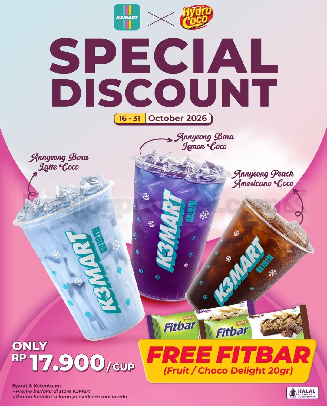 Promo K3Mart x Hydro Coco Special Bundling Rp17.900 Promo K3Mart x Hydro Coco Special Bundling Rp17.900 gratis Fitbar ukuran 20 gram dengan tiga pilihan minuman.