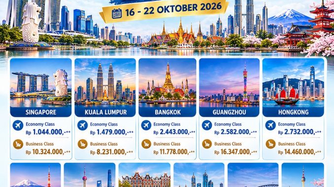 Promo K.I.A Tours & Travel Garuda Indonesia Mini Travel Fair 2026 dengan tiket internasional mulai Rp1 jutaan pada 16–22 Oktober.