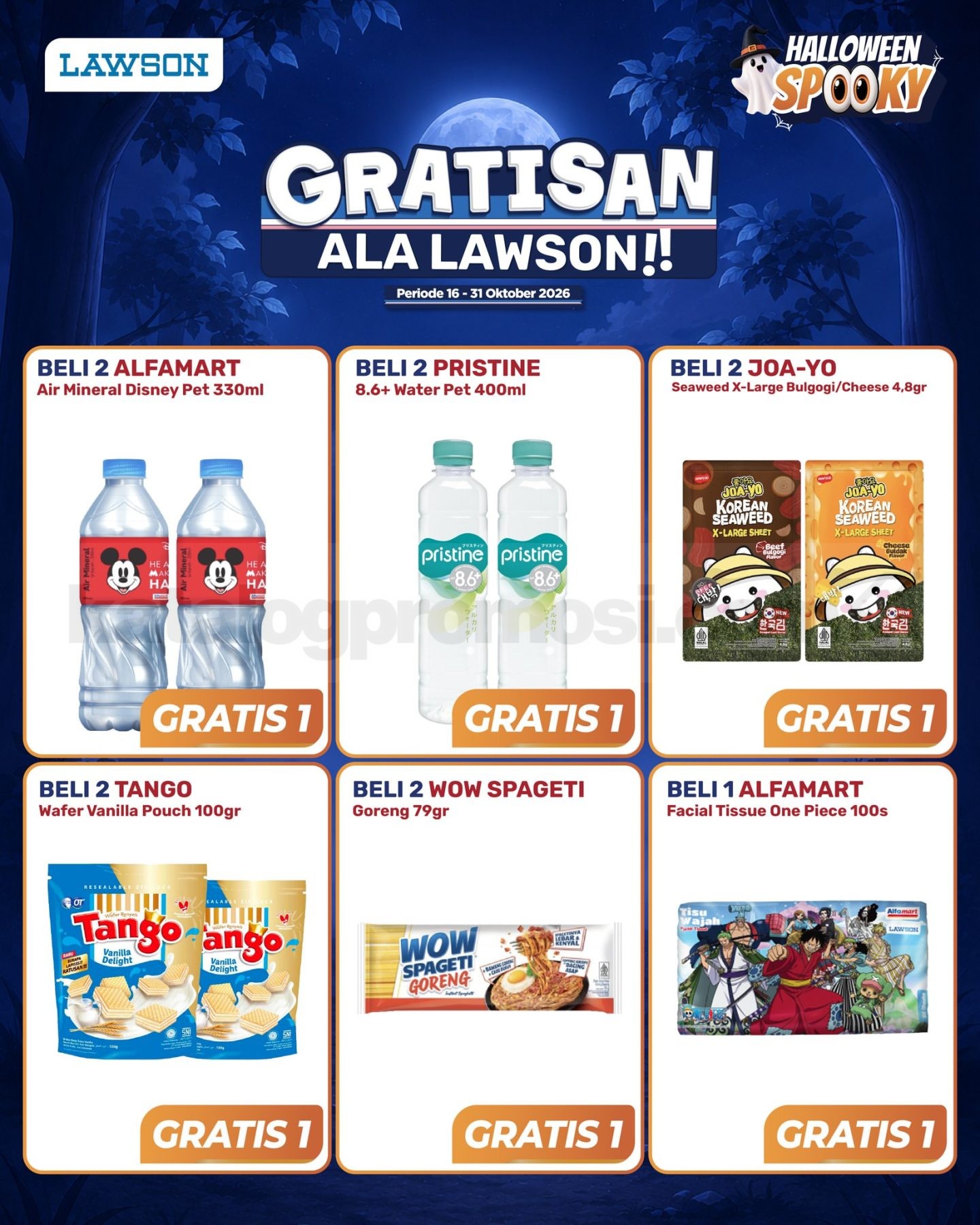 Promo Lawson Beli 2 Gratis 1 Produk Pilihan Promo Lawson Beli 2 Gratis 1 Produk Pilihan untuk air mineral, camilan, wafer, spageti, dan tisu wajah.