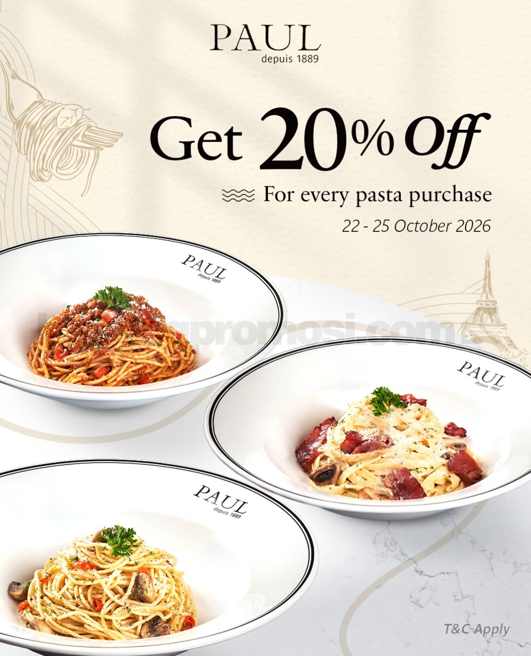 Promo PAUL Diskon 20% Semua Menu Pasta