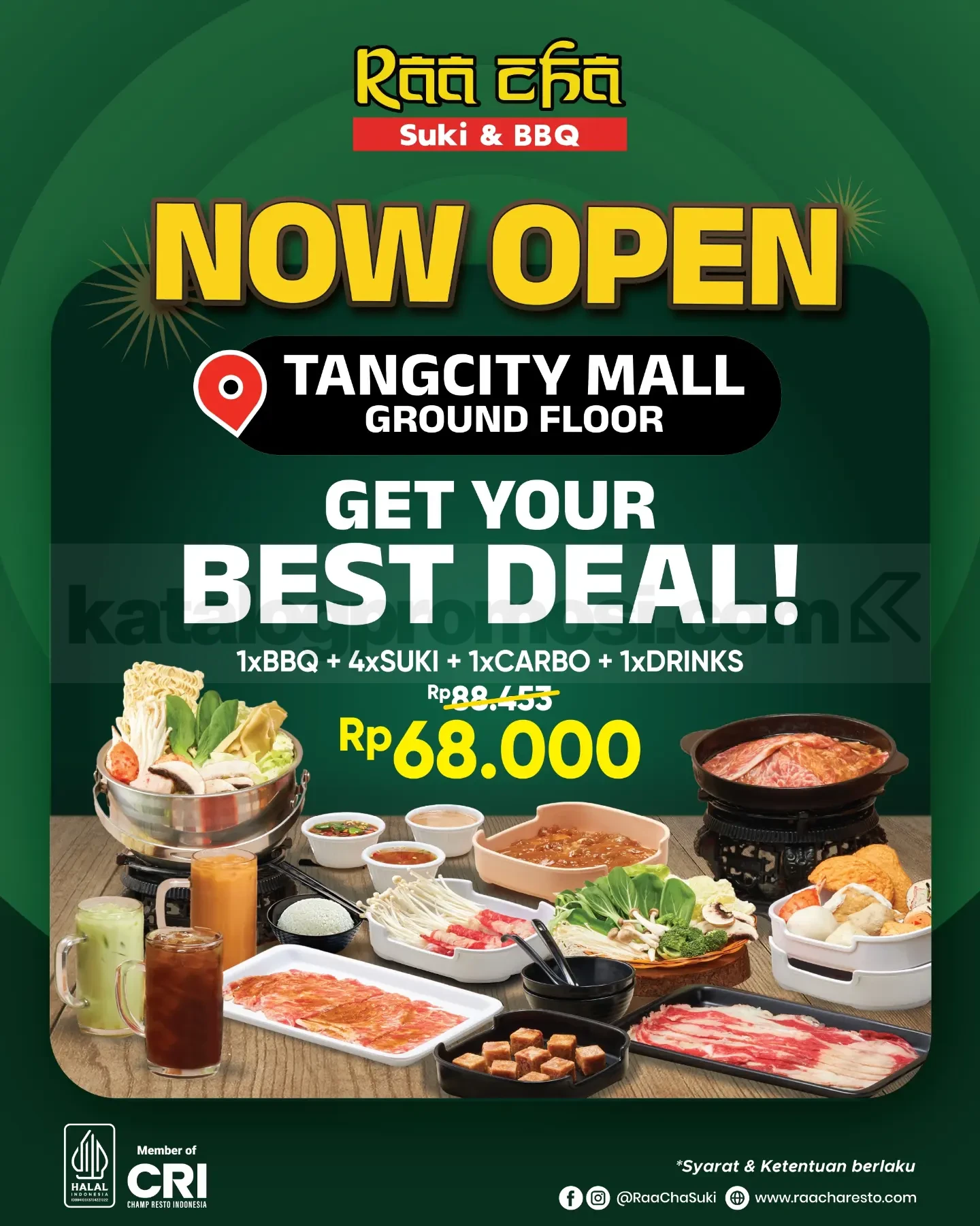 Promo Raa Cha Opening Tangcity Mall Paket BBQ & Suki Rp68 Ribu Promo Raa Cha Tangcity Mall Paket Super Mantap BBQ dan Suki Rp68.000 serta gratis tote bag eksklusif.