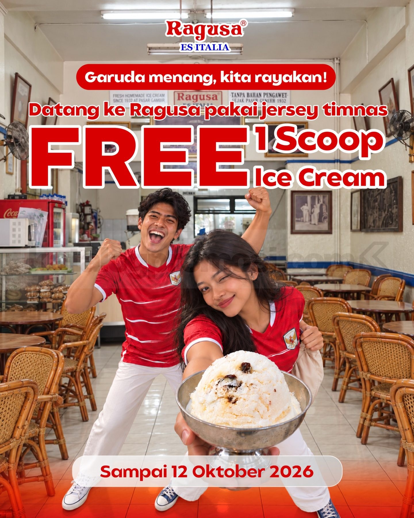 Promo Ragusa Es Italia Gratis 1 Scoop Ice Cream Pakai Jersey Timnas Promo Ragusa Es Italia gratis 1 scoop regular ice cream dengan memakai jersey Timnas sampai 12 Oktober 2026.