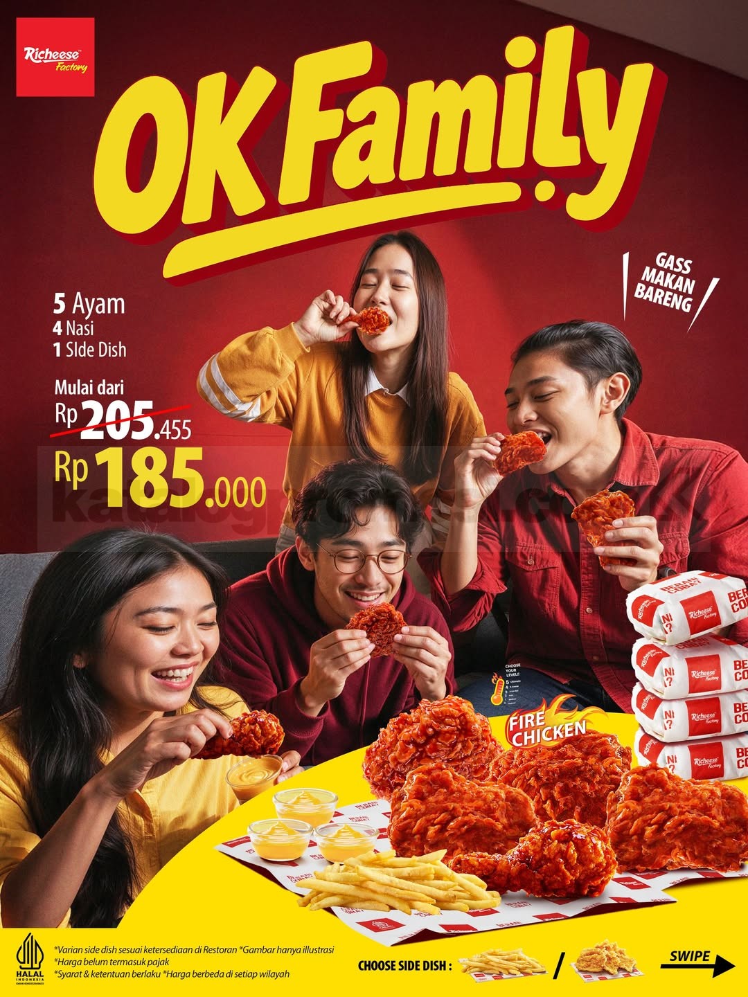 Promo Richeese Factory OK FAMILY Mulai Rp148.182 Promo Richeese Factory OK FAMILY mulai Rp148.182 dengan 5 ayam, 4 nasi, dan 1 side dish.