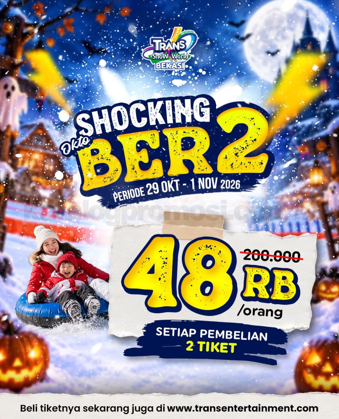 Promo Trans Snow World Bekasi Shocking Berdua Tiket Rp48.000 Promo Trans Snow World Bekasi Shocking Berdua dengan harga tiket Rp48.000 per orang periode 29 Oktober–1 November 2026.
