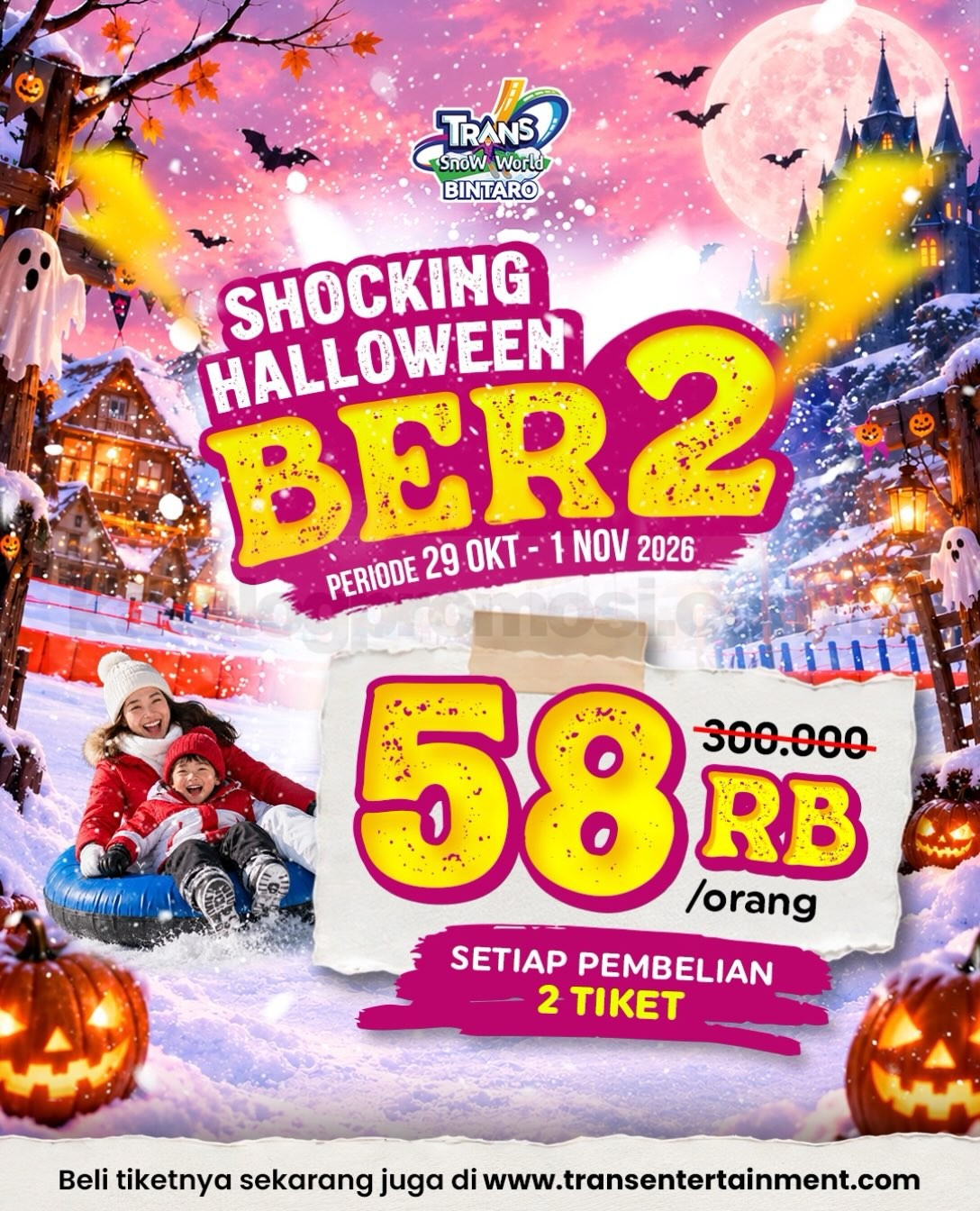 Promo Trans Snow World Bintaro Shocking Halloween Berdua Rp58.000 Promo Trans Snow World Bintaro Shocking Halloween Berdua Rp58.000 per orang untuk bermain salju dengan fasilitas kereta gantung dan Spinning Tire.