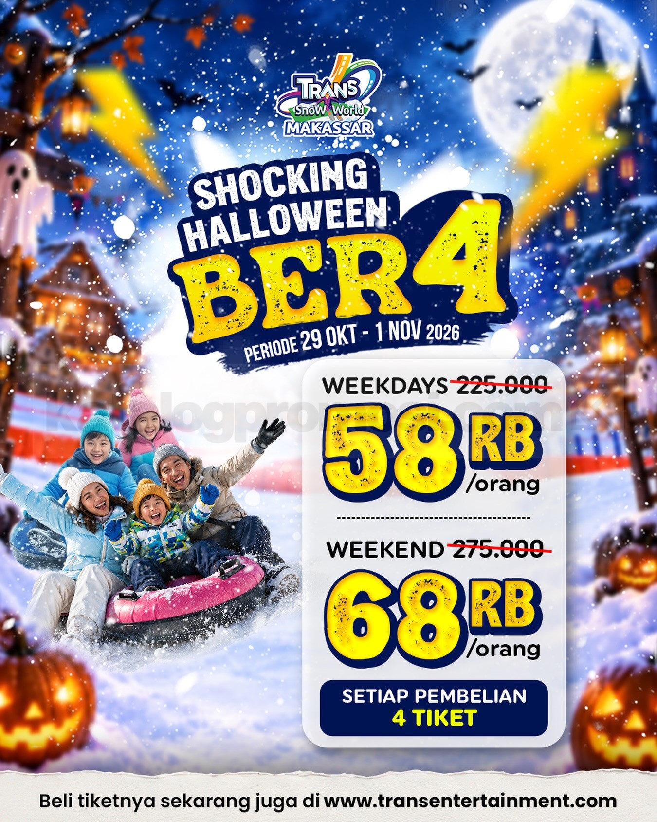 Promo Trans Snow World Makassar Shocking Halloween Ber-4 Mulai Rp58.000 Promo Trans Snow World Makassar Shocking Halloween Ber-4 mulai Rp58.000 per orang untuk pembelian 4 tiket.